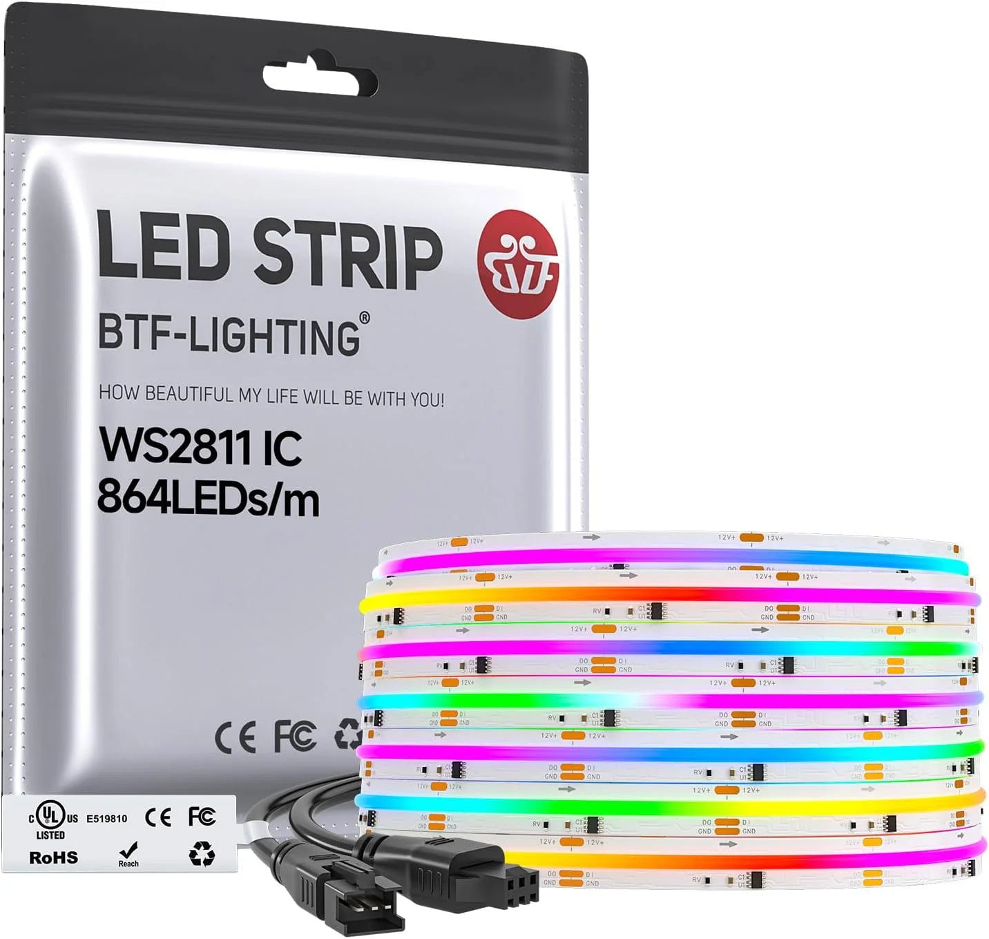 UL List BTF-LIGHTING DC12V 24V FCOB RGB WS2811 IC 864 LED IP30 IP66 Flexible Digital COB Addressable RGBIC LED Pixel Strip Light