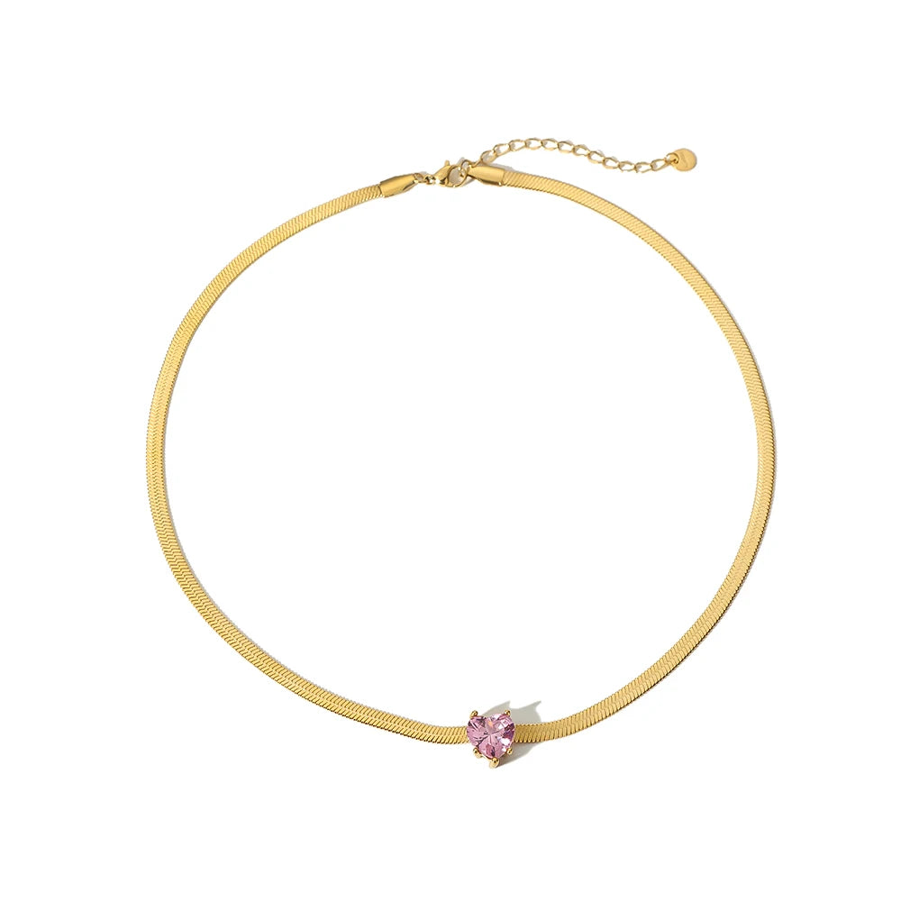 Wonderful Stainless Steel 18K Snake Chain Pink Heart Cubic Zircon Choker Necklace for Women