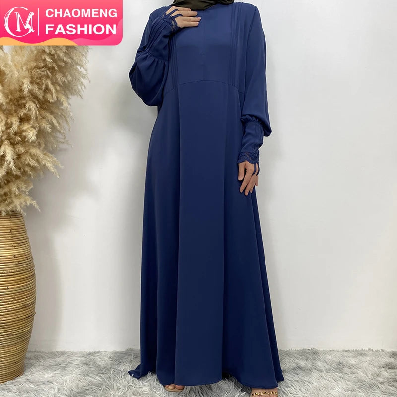 6693# Eid Simple but Luxurious Closed Abaya With Premium Lace Ribbon Long Sleeve Summer Dresses for Breastfeeding Mother 6 Color