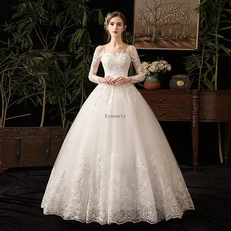 2025  White Floor Length Simple Fashion Lace Long Sleeves Bride Main Wedding Dress Vestidos De 15 Gowns for Women Wedding