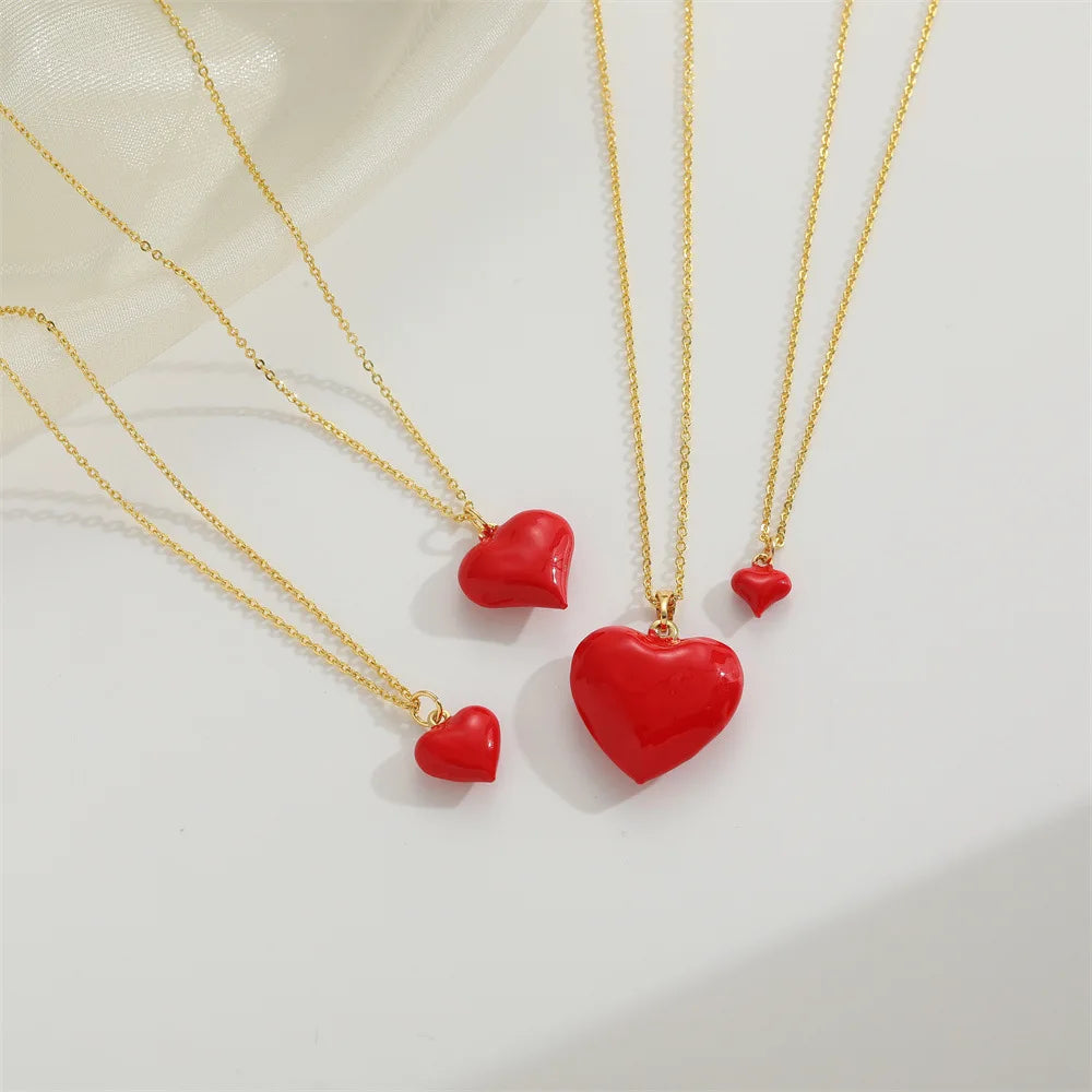 New Trendy 18K Gold Plated Stainless Steel Tarnish-Free Colorful Enamel Heart Pendant Bead Chain Necklace for Women Cute Style