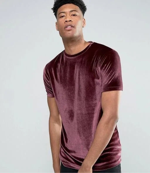 Wholesale Velour O Neck Velvet T Shirt Men Regular Hem Vintage Oversize T Shirt Embroidery Logo Shirts