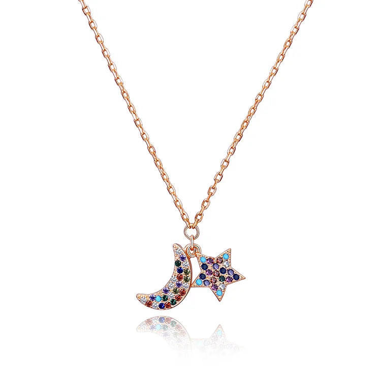 Pure 925 Sterling Silver Necklace with Rose Gold Plating Trendy Moon and Star Aaa Zircon for Women for Wedding or Engagement