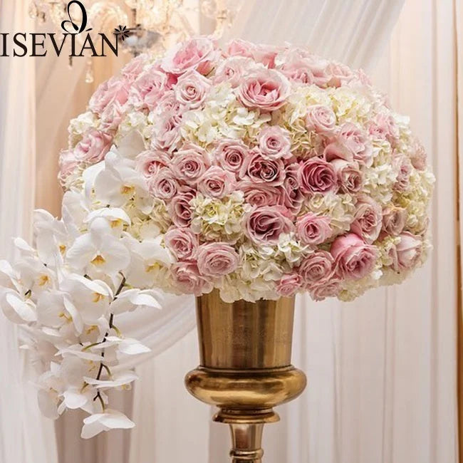 ISEVIAN Whit and pink Artificial Fancy Romantic Flower Balls and Silk Long Flower Table Runner Wedding Centerpiece