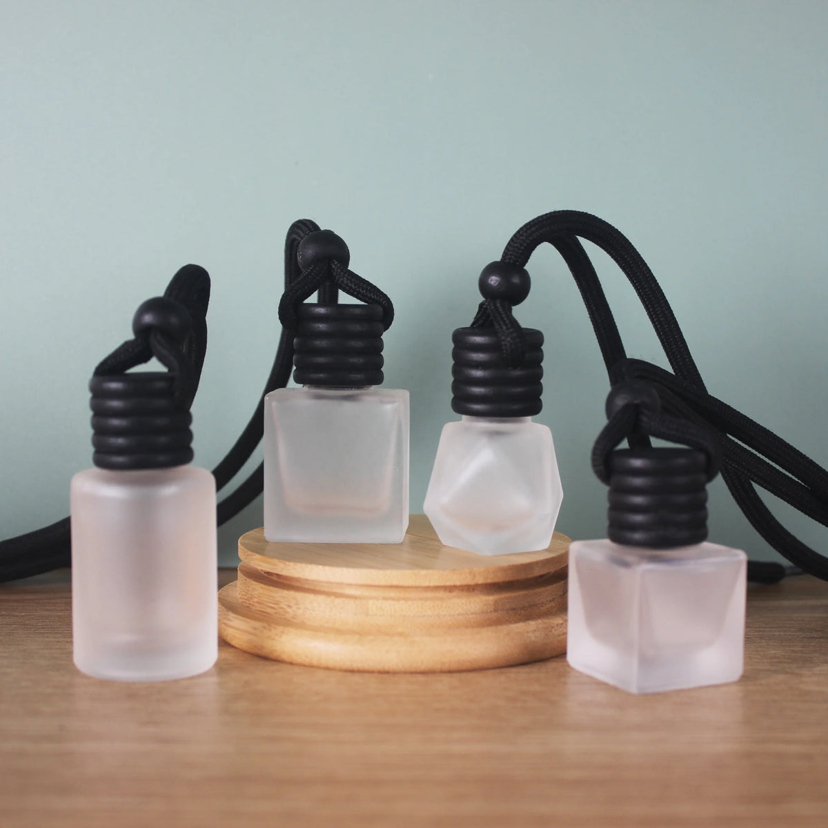 8ml 10ml 12ml Square Car Air Freshener Perfume Glass With Black Wooden Cap Matte White Empty Frosted Hanging Car Diffuser Bottle MegaBDM