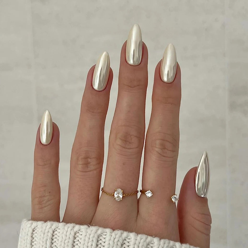 Custom Logo Glazed Donut Design Artificial Fingernails Wholesale Champagne Chrome Medium Almond Custom Press on Nails En Gel