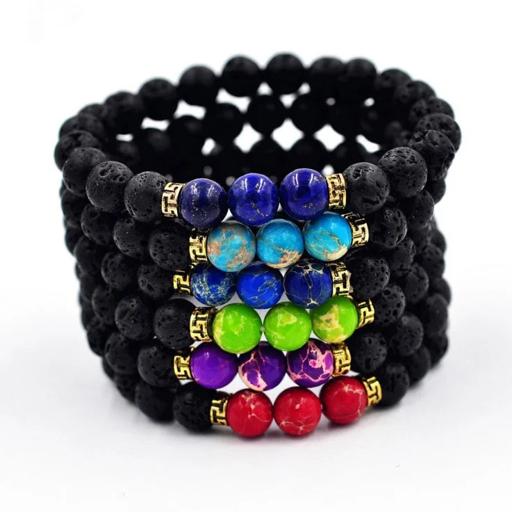 Rock Lava Stone Elastic Bracelets for Women Men Chakra Gemstone Beads Colored Imperial Yoga Healing Beaded Bangle