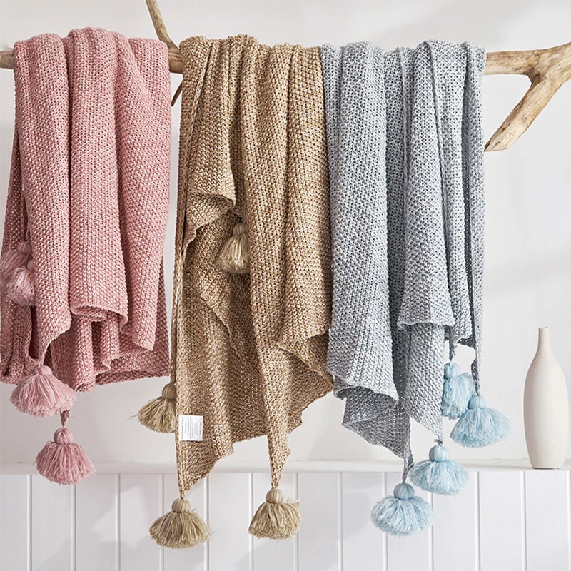 AJLN Soft Crochet Organic Plaid Tufted Knitted Throw Organic Gauze Cotton Blanket for Home Picnic