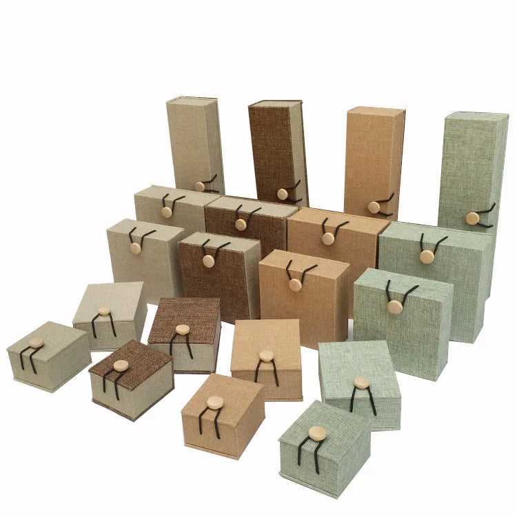 Vintage Linen Wooden Buckle Jewelry Box Wholesale Multisize Pendant Bracelet Buddha Bead Bracelet Necklace Gift Packaging Box