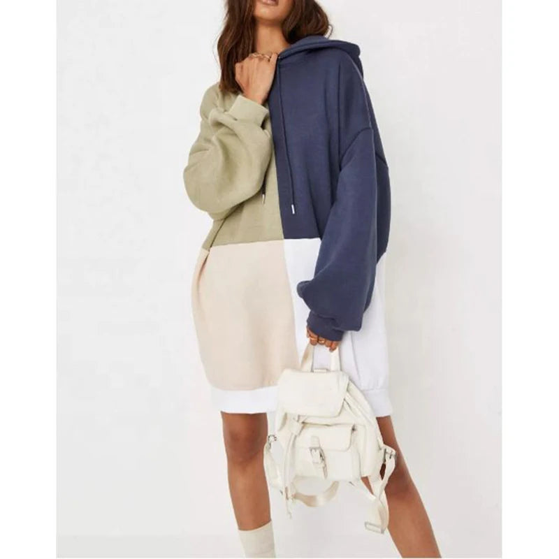 Custom Women Clothing Embroidered Sweater Dresses Long Sleeve Color Blocking Oversized Women's Hoodie Dress