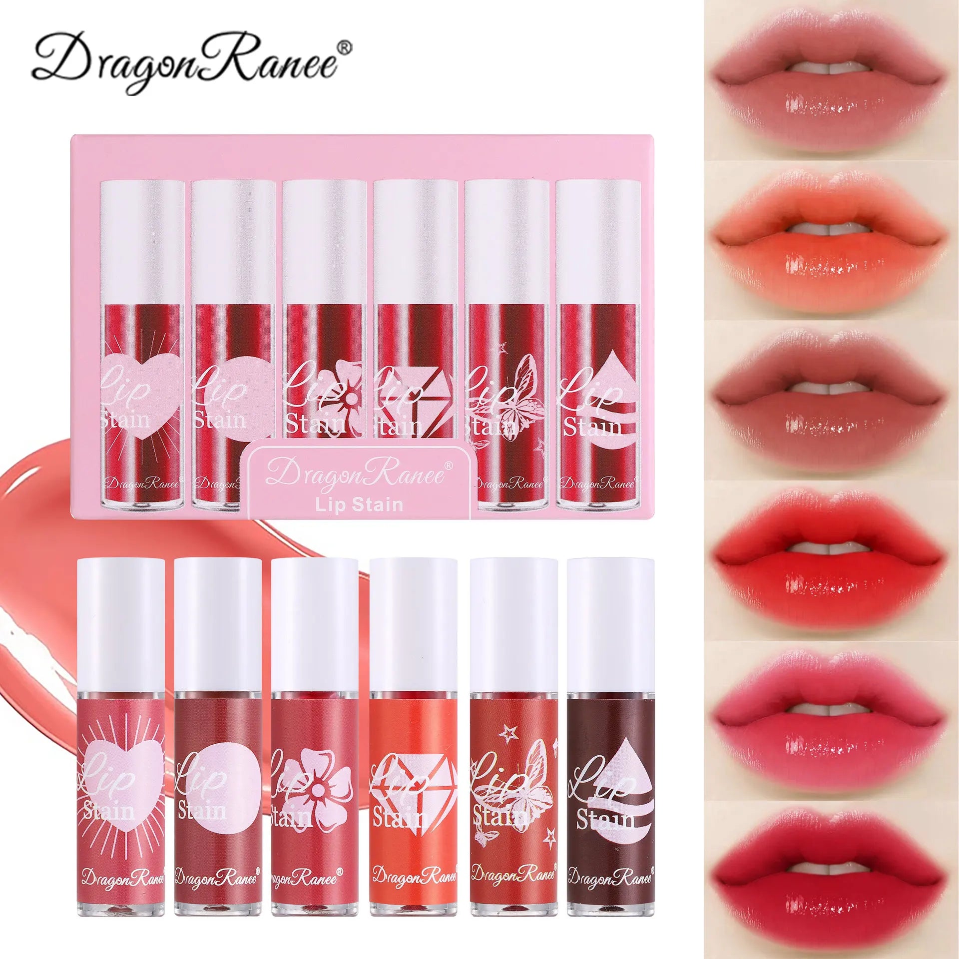 Dragon Ranee 6pcs Lip Glaze Moisturizing Gloss Liquid  Lip Tint Waterproof No Blooming Lip Care