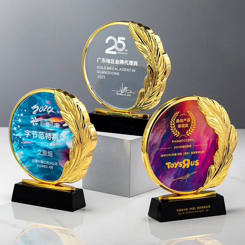 New Design Metal Feather Frame Crystal Glass Awards Plaque Trophy MH-NJ0303
