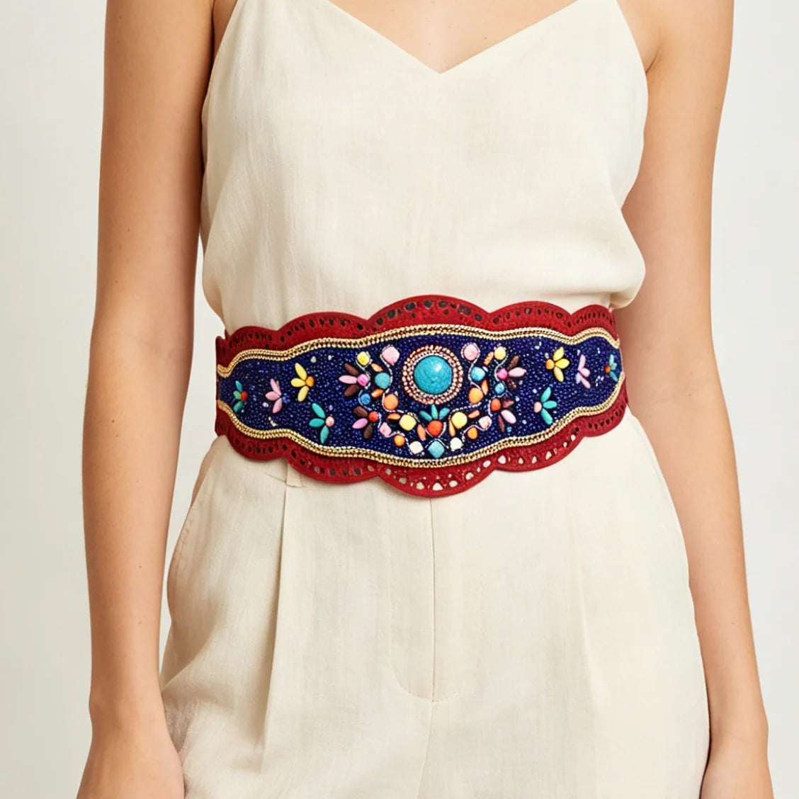 Bohemian Beads Flower Body Chain Belt for Women Wide Elastic Ethnic Statement Accessory for Girls Dress for Party and Wedding