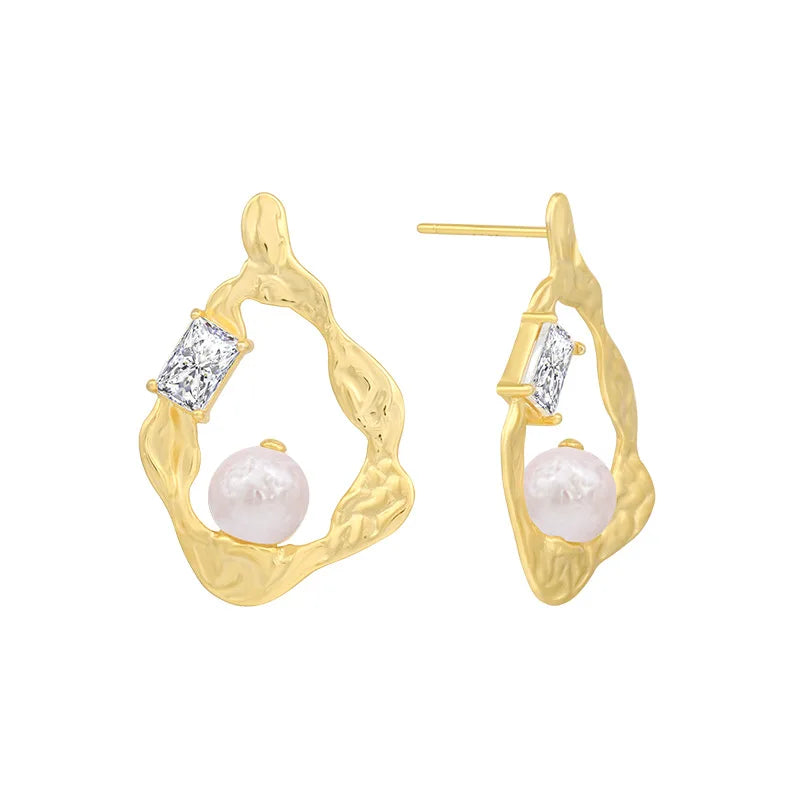 925 Sterling Silver 18K Gold Plated Vintage Women's Chunky Twisted Texture Braided Baroque Shape Pearl Cubic Zirconia Earrings