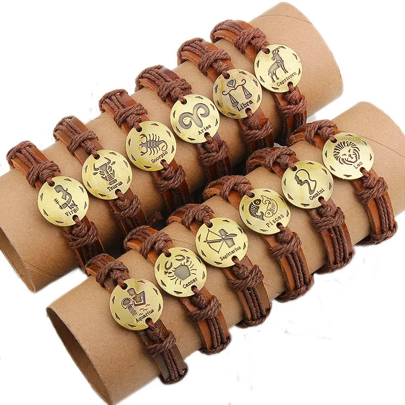12 Horoscope Leather Bracelet for Women Man 12 Constellation Bracelet Jewelry Gifts Leo Cancer Aries Couple Zodiac Sign Bracelet