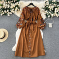 Women's Autumn Vintage Heavy Industry Embroidery Puffed Sleeve Lace-up Waist Mid-length Holiday Bohemian Dress
