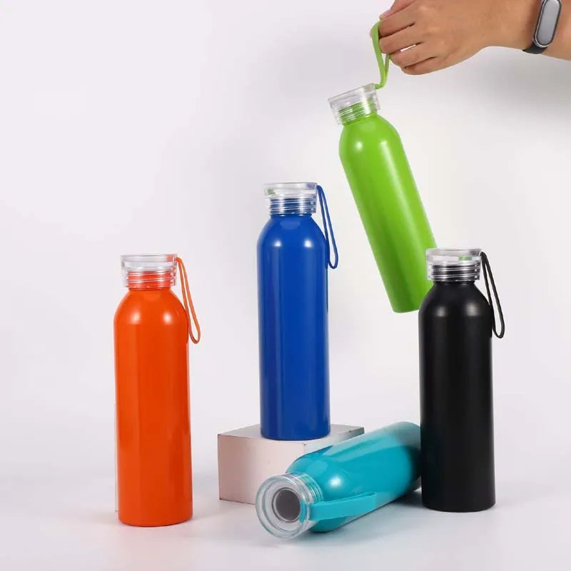 Wholesale Water Bottle 600ml Single Aluminum Easy Carry Sports Water Bottle With Rubber Handle With Transparent Cap