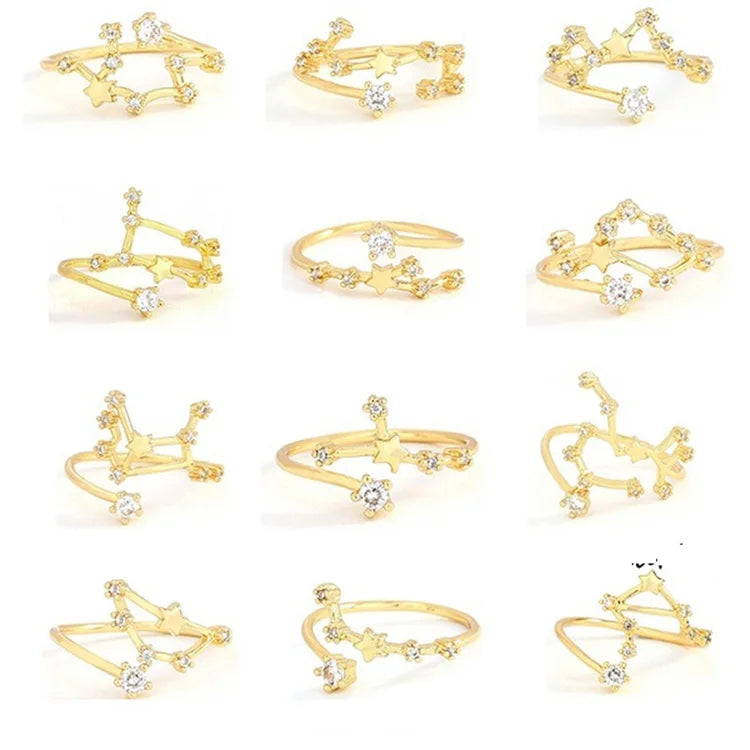 2021 New 12 Zodiac Signs Ring Fashion Open Ring Gold Color Diamond Zodiac Ring for Women Girls