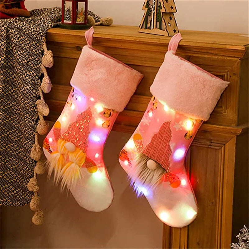 Factory Price LED Light up Christmas Stockings Socks Christmas Decoration Candy Gift Bag Fireplace Xmas Tree Hanging Ornaments