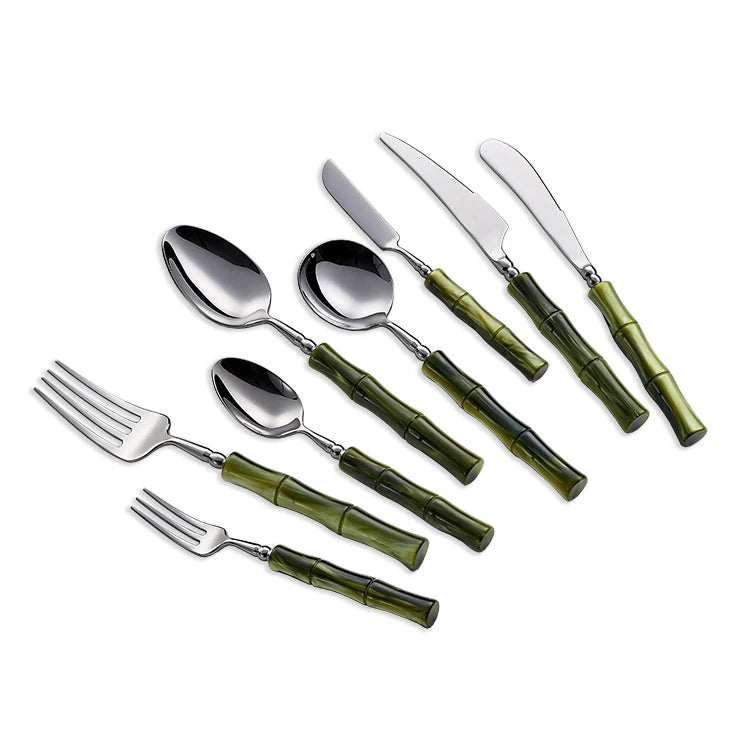 Modern Luxury 18/10 Stainless Steel Flatware Set Green Acrylic Handle with Bamboo Shape for Weddings Parties Restaurants