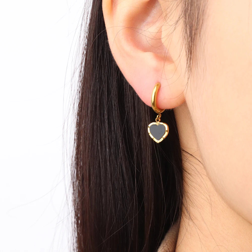Chris April Stylish Jewelry 316L Stainless Steel Pvd Gold Plated Black Enamel Heart Huggie Hoops Earrings