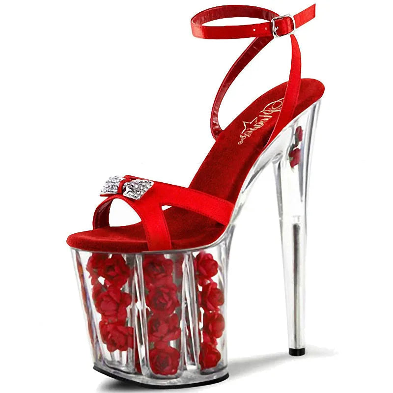 Red Flower Banquet Fashion 20 cm Thin Heel Pole Dance High Heels Elegant Model Show Leaky Toe Belt High Heels Sandals