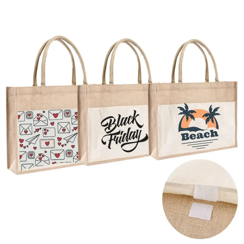 Wholesale Eco-friendly Burlap Jute Tote Bags with Handles Custom Logo Beach Bag Canvas Front Pocket Reusable Promotional Design