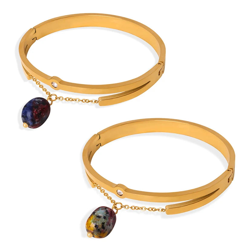 Wholesale China Newest Minimalistic Style Natural Stone Stainless Steel Gold Plated Bangle Bracelets