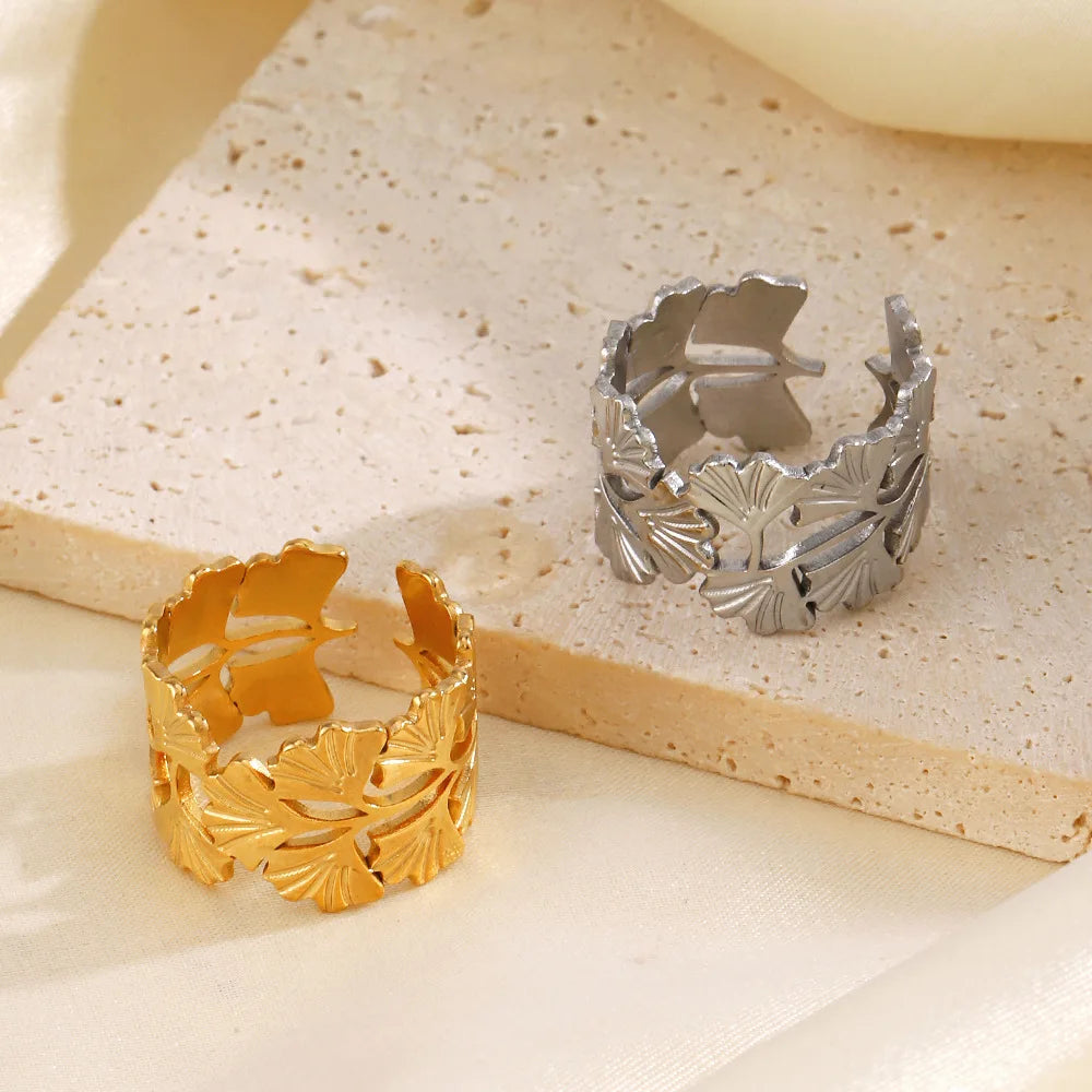 Personalized Hip Hop Stainless Steel 18K PVD Gold Plated Waterproof Hollow Ginkgo Leaves Wide Open Ring