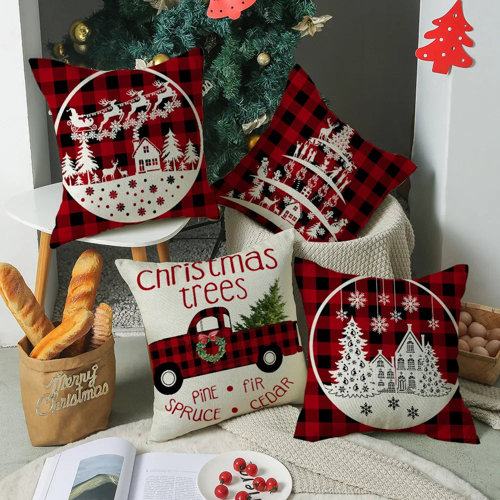 Christmas Deer Navidad Sofa Pillow Cover Red Black Plaid Christmas Pillow Cover