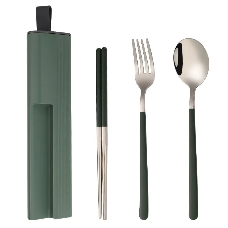 Custom Stainless Steel 304 Portable Outdoor Camping Tableware Children Kids Travel Chopsticks Fork Spoon Cutlery Set With Case