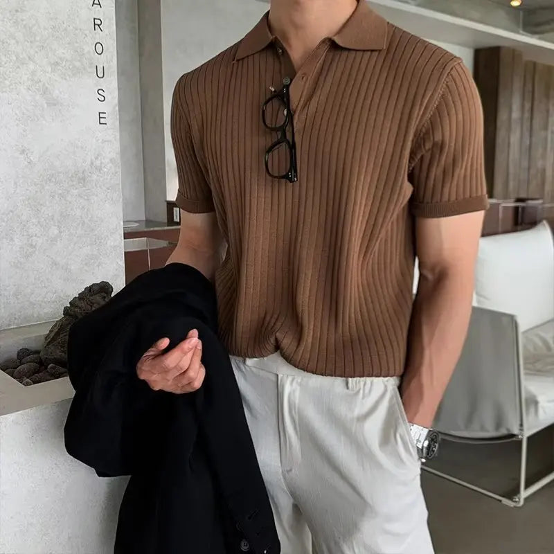 M-XXL Solid Simple Polo Shirt Short Sleeve Turn Down Collar Men's Tee Shirts Summer Loose Relax Thin Solid Knitted T-shirt