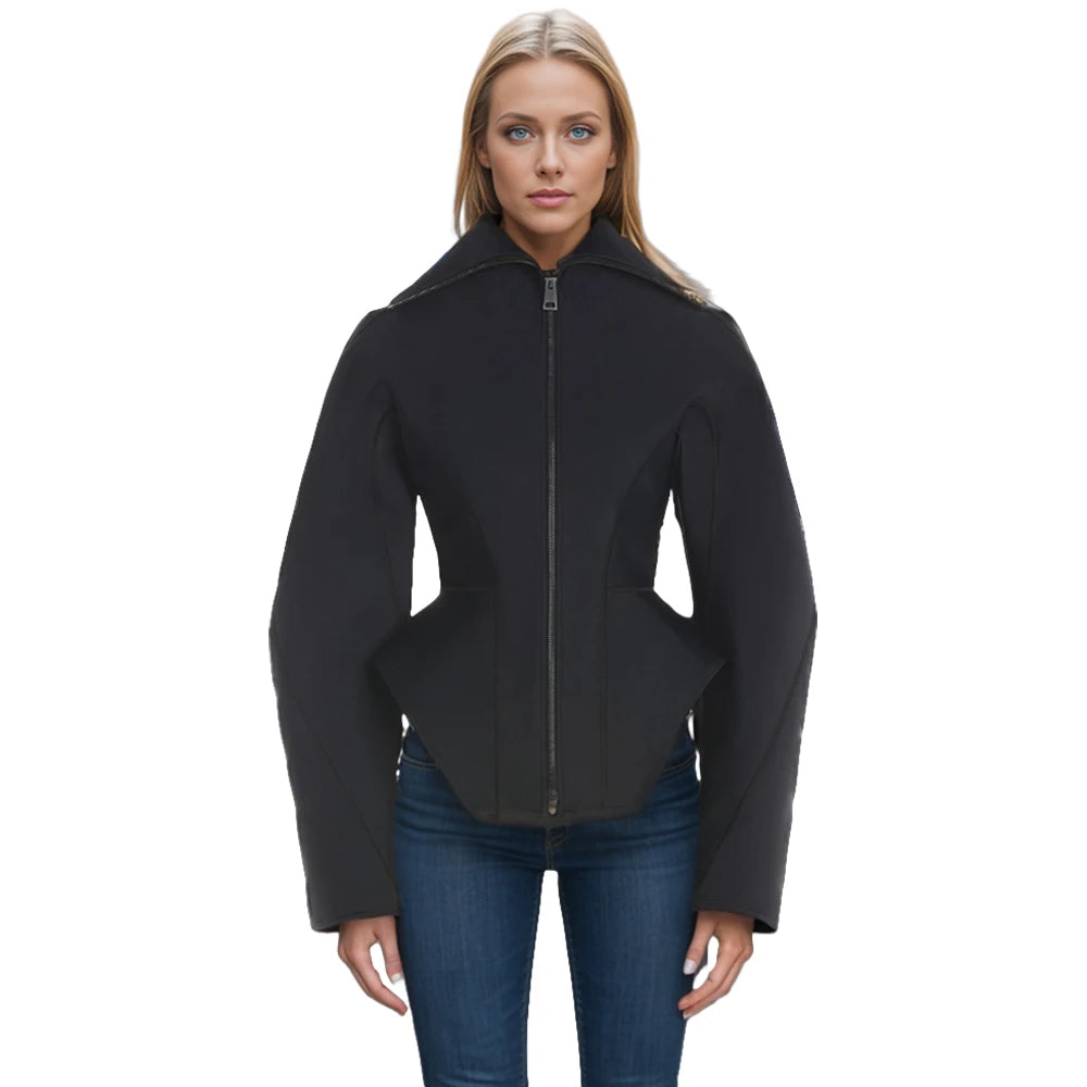 Women's Bonded Fitted Jacket Casual Corset-Style Coats Long Puffy Sleeves Lapel Collar Street Style