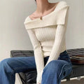 Retro One Line Neck Knitted Shirt for Women's Loose Slim Sparkle Golden Silk Thread Sweater Long Sleeve Sweater for Ladies