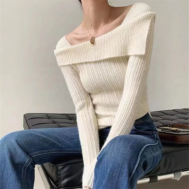 Retro One Line Neck Knitted Shirt for Women's Loose Slim Sparkle Golden Silk Thread Sweater Long Sleeve Sweater for Ladies