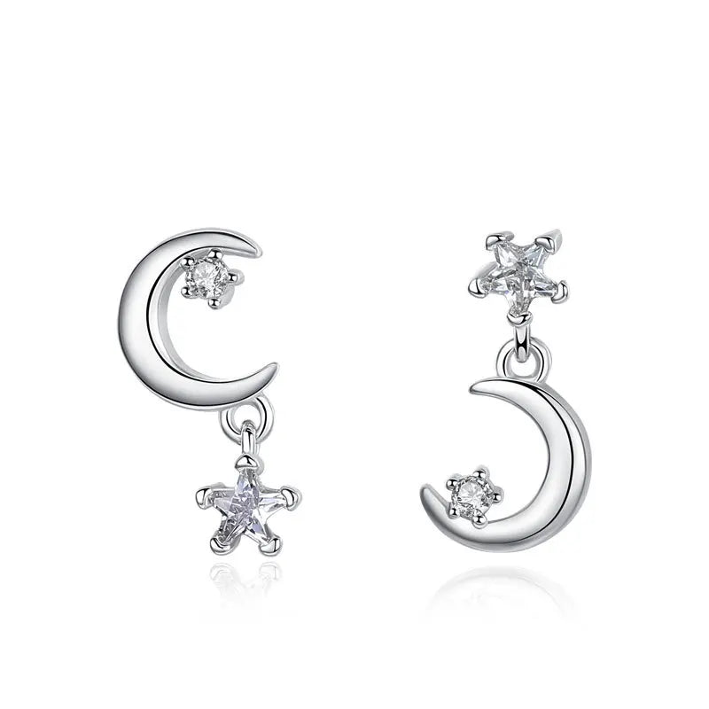 925 Sterling Silver Cubic Zirconia Star Moon Earrings Fashion Cute Jearlery for Women Girls for Wedding Anniversary Party Gift