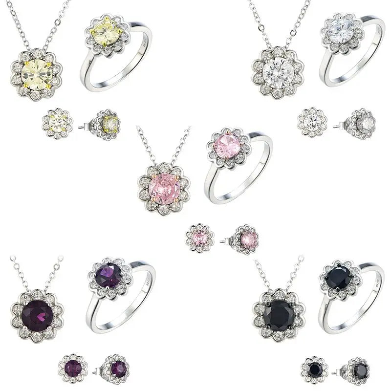 Hot Sale Custom Color Stone CZ Flower Jewelry Set of Silver 925 Necklaces Sterling Silver 925