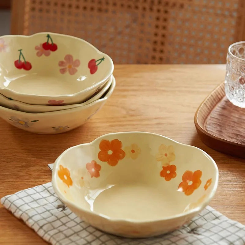 Ins Korea Hand Pinched Irregular Ceramic Salad Yogurt Bowl Cream Yellow Hand Painted Flower Ceramic Bowl