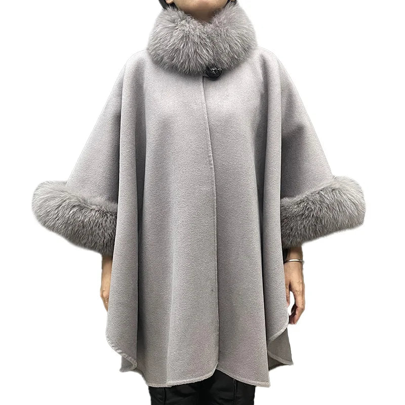 Wholesale Double Faced Fur Shawl Women Grey Fur Poncho With Fur Collar Cuffs