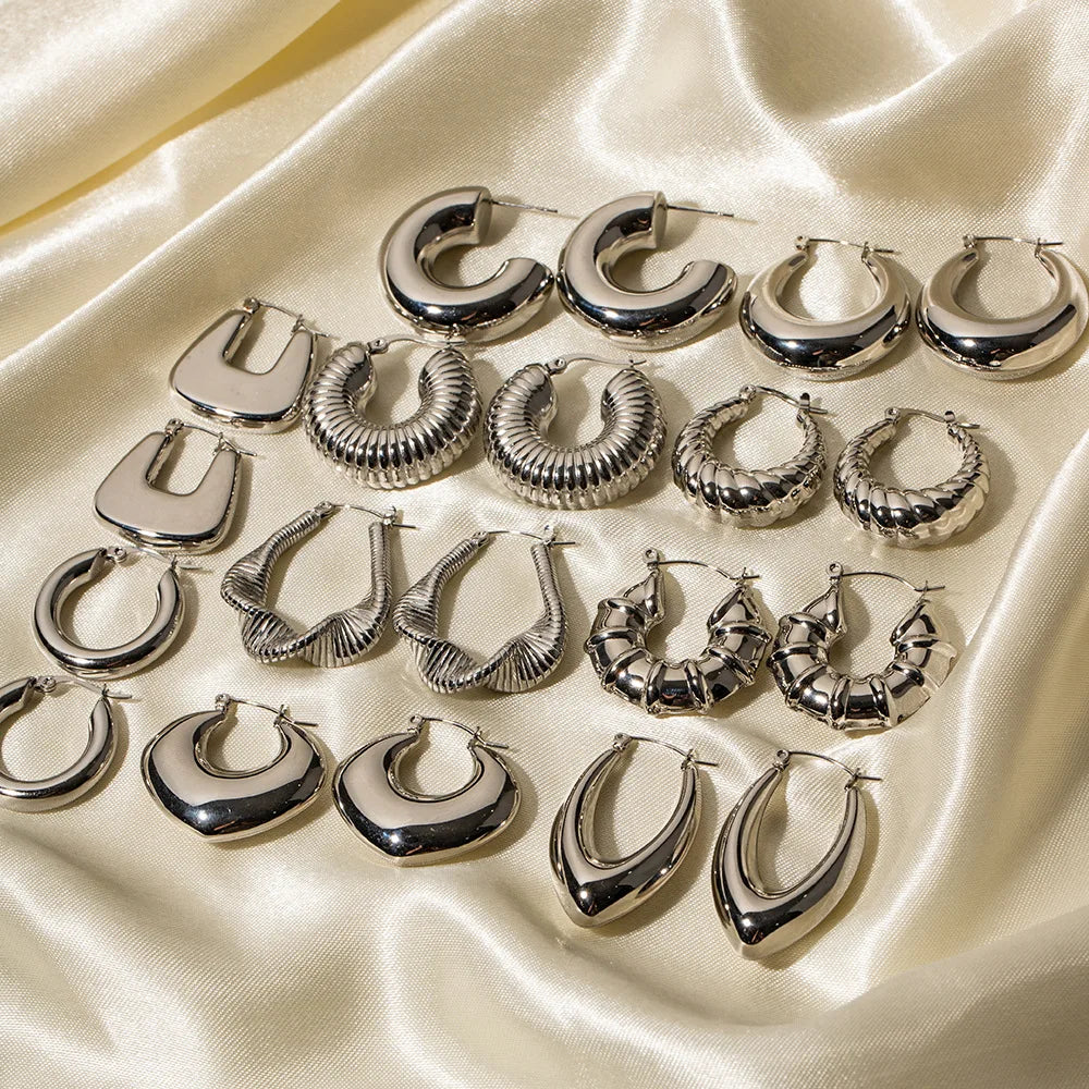 Hypoallergenic Heart Geometric C Shape Silver Plated Stainless Steel Chunky Hollowed Statement Earrings for Women
