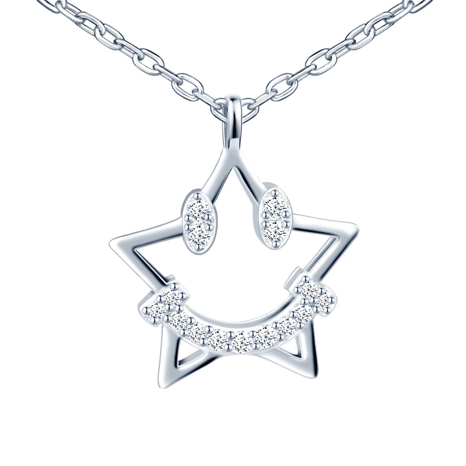 S925 Sterling Silver Smiling Face Star Necklace with Cubic Zirconia Rhodium Plated Trendy Style for Women for Weddings