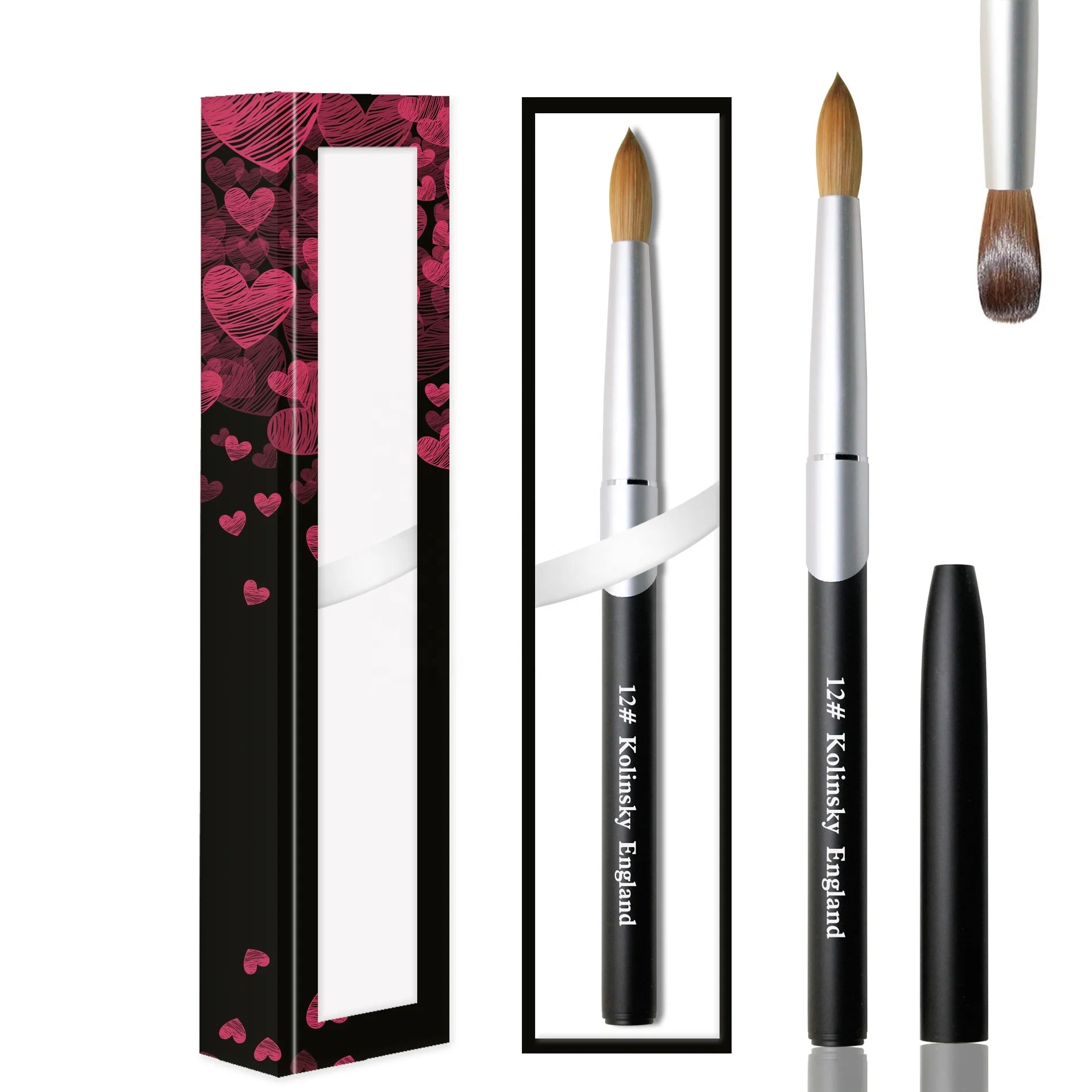 YALIXIN Custom Private Logo Sliver Metal Handle 100% Pure Kolinsky Acrylic Brush Round Flat Head 3D Acrylic Brush for Nail Brush