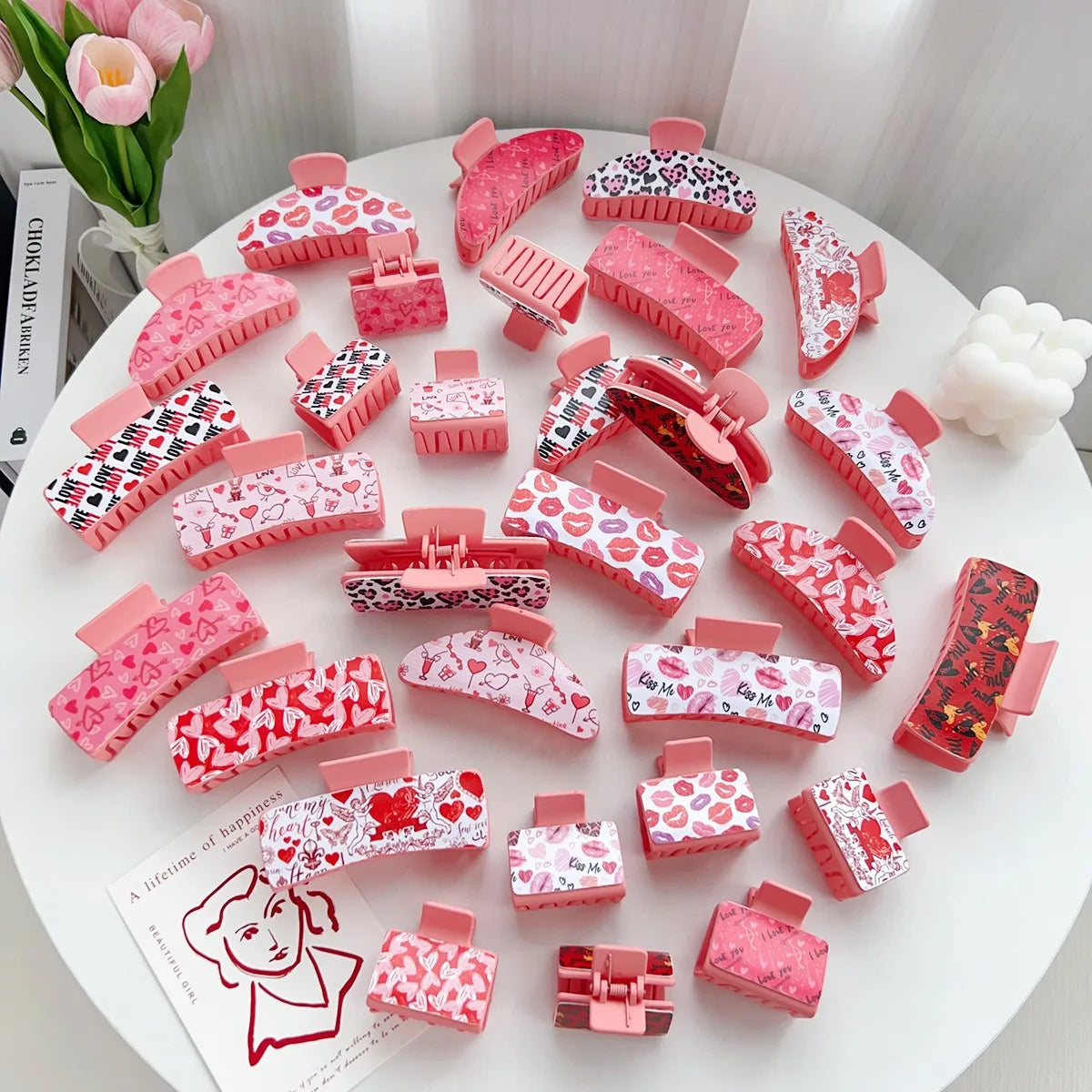 Wholesale Valentine's Day Pink Plastic Hair Claws Romantic Cute Printed Sublimation Hair Claw Women Large Hair Claw With Leather