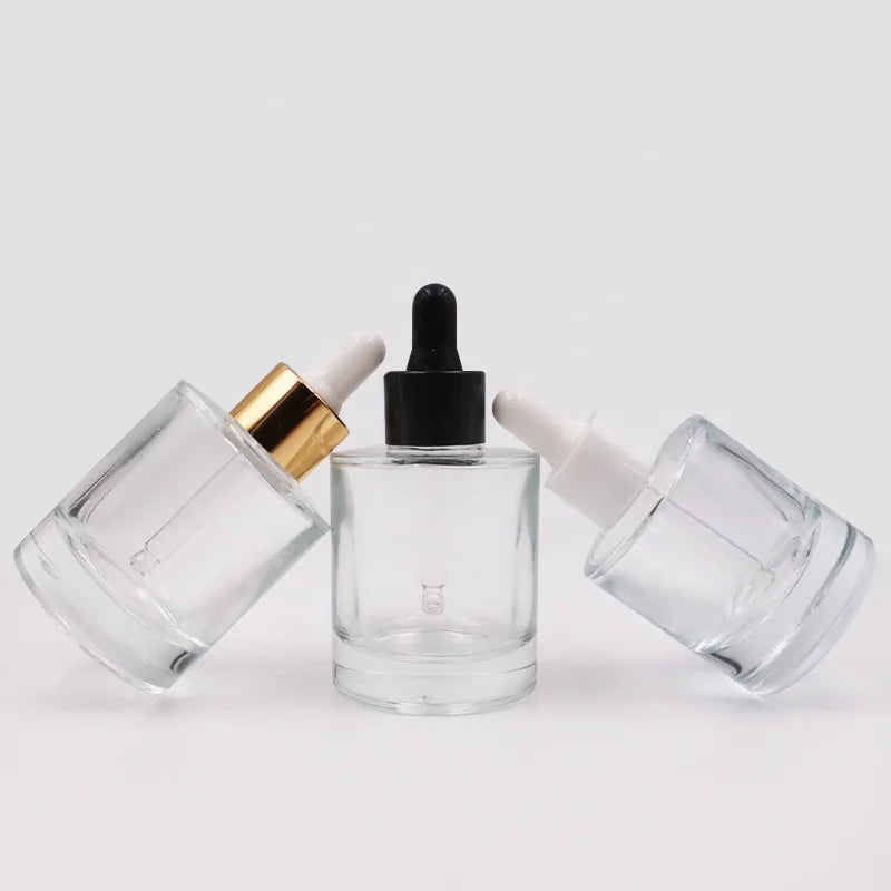 Skin Care Hair Oil Serum Bottle 30ml 50ml Flat Thick Bottom Glass Dropper Bottle with Gold Silver Cap