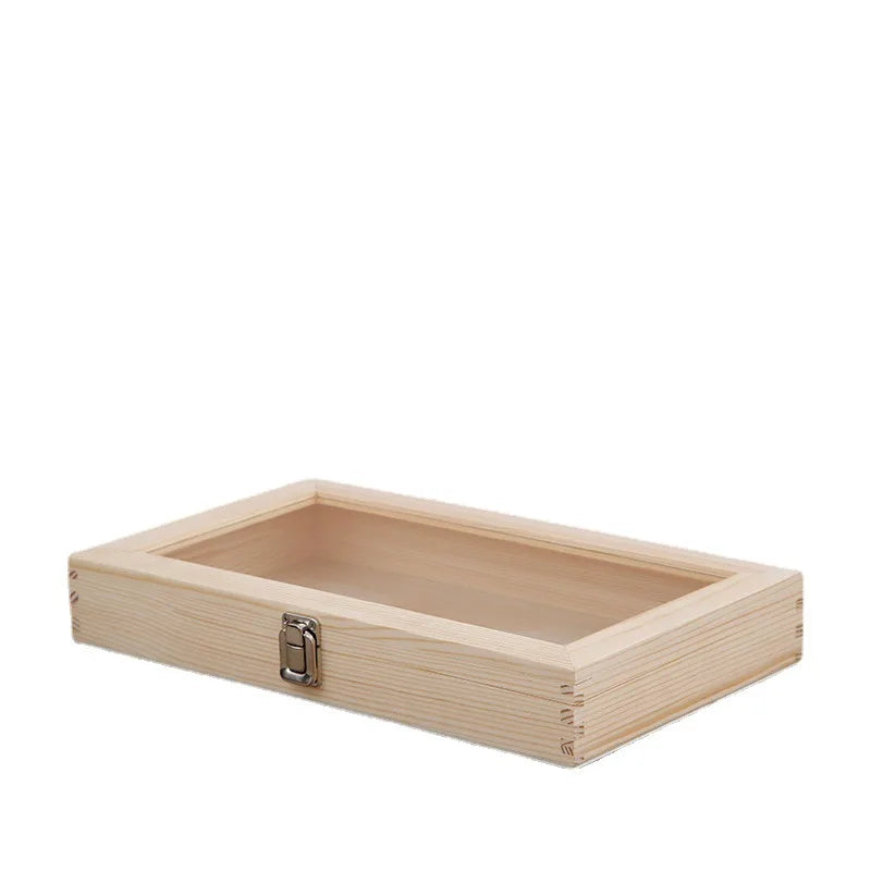 Home Organization Flat Storage Box Gift Jewelry Display Case Box with Tempered Glass Lid and Metal Clasp