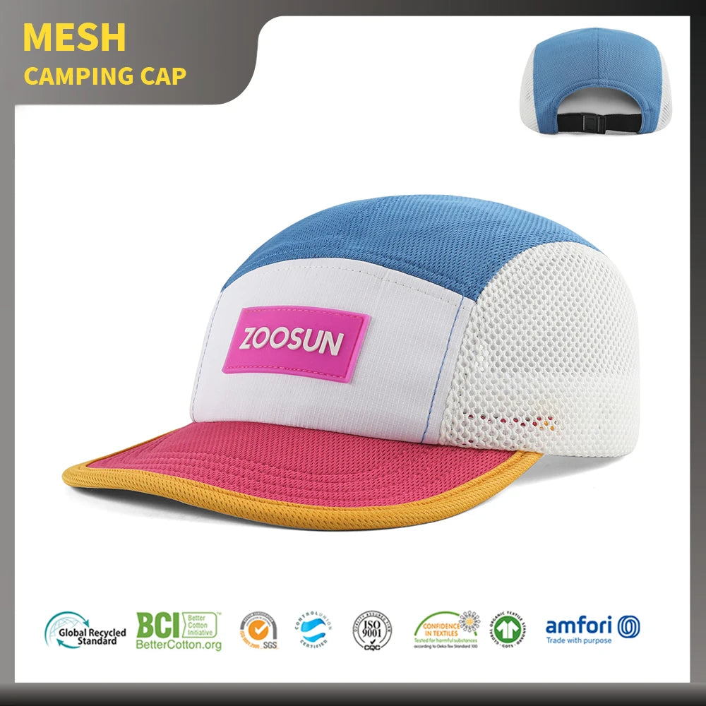 OEM Wholesale Custom 5 Panel Unisex Camping Caps High Performance Breathable Sport Running Hat with Rubber logo