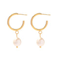 18K Gold Planted Pearl CC Texture Hoop Earring Nontarnish Stainless Steel Pearl Hoop Earring for Women