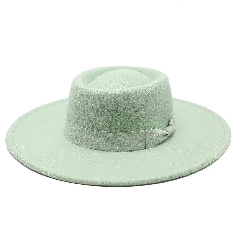 Wholesale 2022 New Trendy Cotton Polyester Custom Wide Brim Flat Top Boater Fedora Hats for Women Lady Fall Winter Fashion Dress