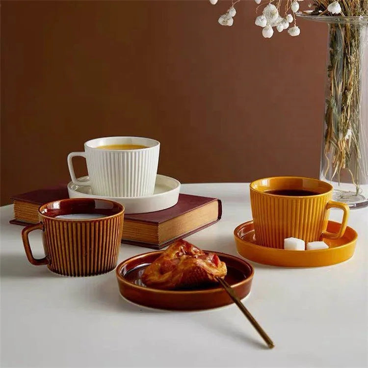 New Design 250ml Retro Art Embossed Ceramic Milk Mug with Saucer and Tray Luxury Nordic Style Coffee Mug for Giveaways