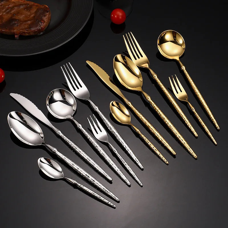 Luxury Pointed Tail Hammer Pattern Silverware Flatware Set 304 Stainless Steel Steak Knife Fork Spoon Restaurant Cutlery Set